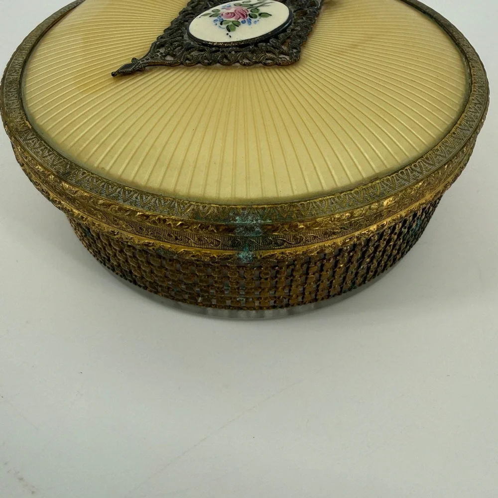 Vintage Ormolu Vanity Powder Jar Amber Lucite Lid Rose Cabochon Glass Box